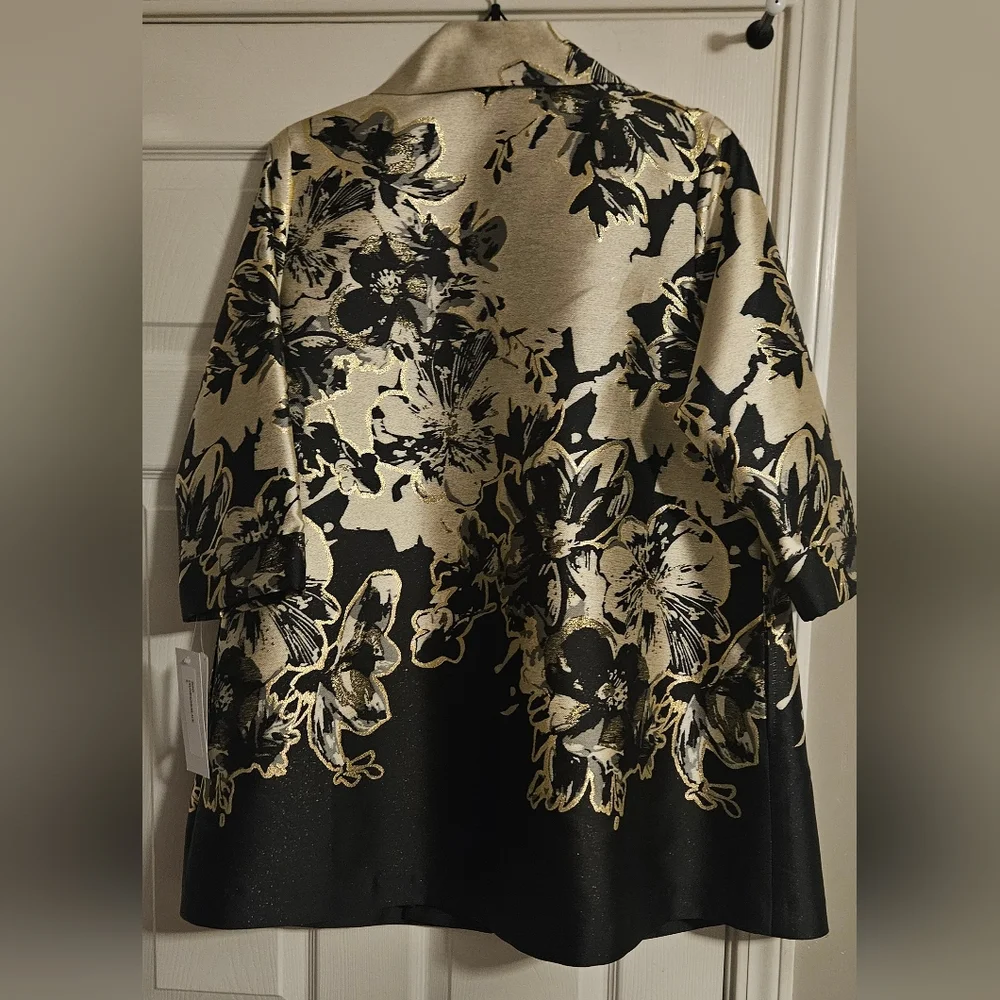 NWT Caroline Rose Showstopper‎ Jacquard Party Open Front Jacket: Champagne/Black
